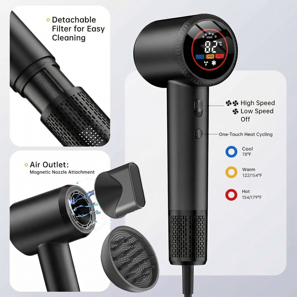 Breeze Hair Dryer Professional IONIC High Speed Ionic Hair Dryer | 1600W Ultra-Fast Drying | 500 Million Negative Ions | Low Noise | 160000 RPM | Compact Blow Dryer with Magnetic Diffuser for Faster Drying All Hair Types